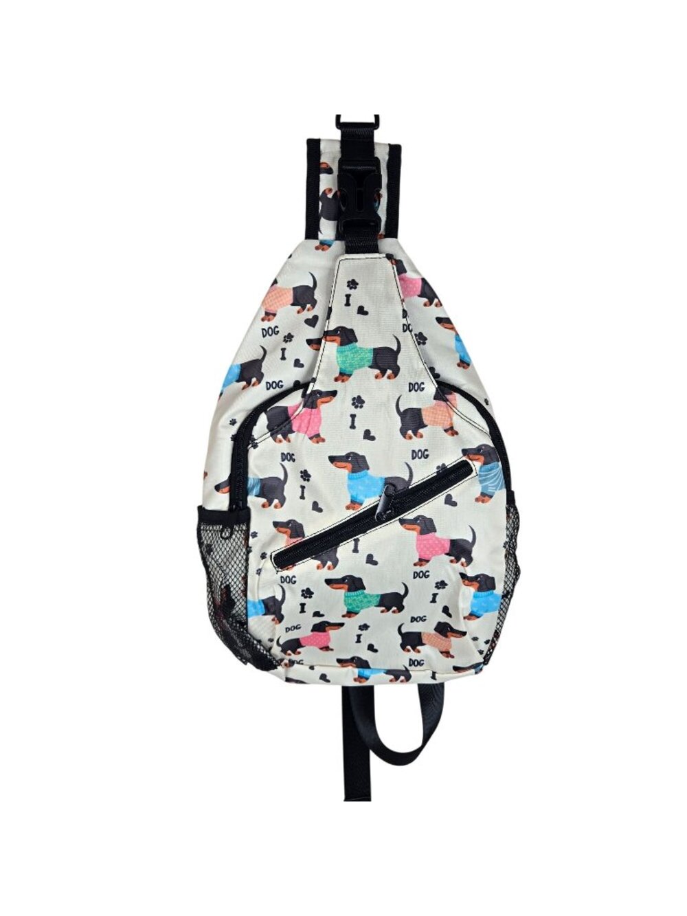 New Dachshund Print Sling Backpack Bag Mesh Pockets Adjustable Strap